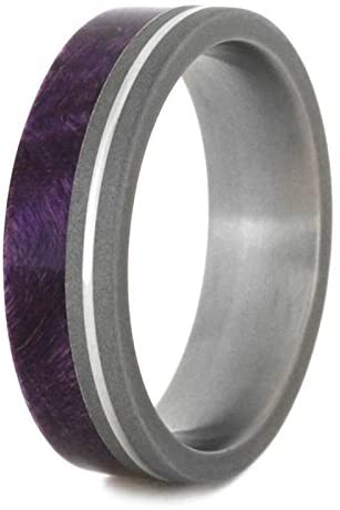 The Men's Jewelry Store (Unisex Jewelry) Purple Box Elder Burl Wood, Grooved Pinstripe 6mm Sandblasted Titanium Comfort-Fit Band, Size 15.5