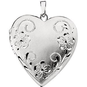 14k White Gold Brushed Satin Engraved Flowers 4 Picture Heart Locket Pendant