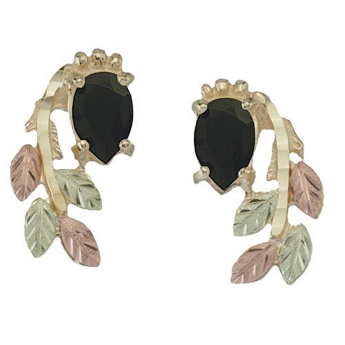 Onyx Pear Inlaid Leaf Earrings, 10k Yellow Gold, 12k Rose and Green Gold Black Hills Gold Motif