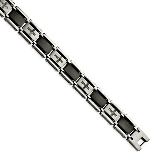 Men's Brushed Stainless Steel 19mm Black IP-Plated and Black Diamond Cross Bracelet, 8.75" (.25Ctw)
