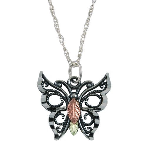 Butterfly Antiqued Pendant Necklace, Sterling Silver, 12k Green and Rose Gold Black Hills Gold Motif, 18''