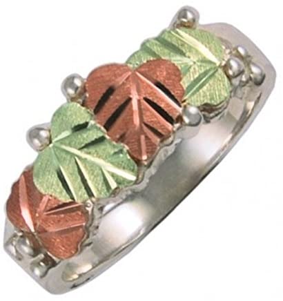Diamond-Cut Heart Leaf Band, Sterling Silver, 12k Green and Rose Gold Black Hills Gold Motif, Size 8.25