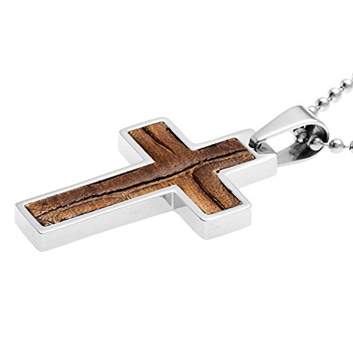 Men's Inlaid Brown Leather Cross Pendant Necklace , Stainless Steel, 23"