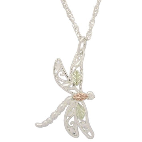 Dragonfly Pendant Necklace, Sterling Silver, 12k Green and Rose Gold Black Hills Gold Motif, 18''