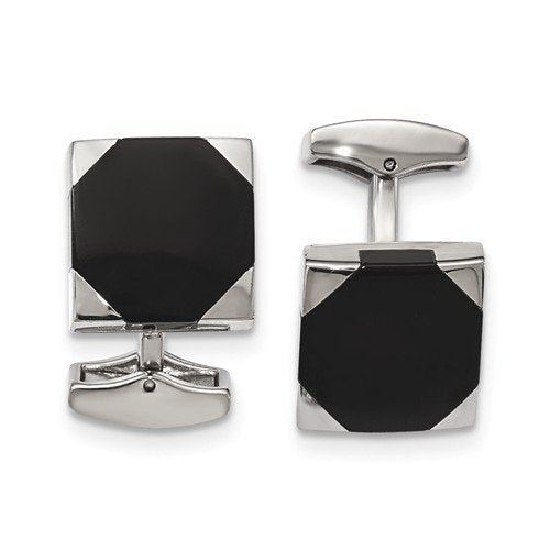 Stainless Steel Polished Black Rubber Square Cuff Links