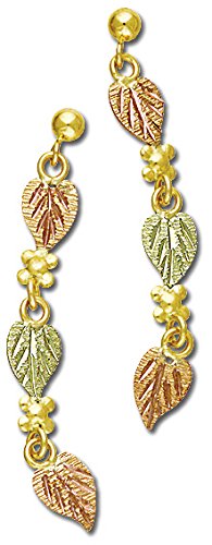 Three Frosty Leaves Earrings, 10k Yellow Gold, 12k Green and Rose Gold Black Hills Gold Motif