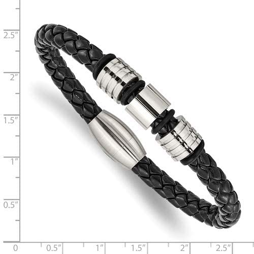 Men's Black Braided Leather 6.75mm Stainless Steel Accents Bracelet, 8.5 Inches
