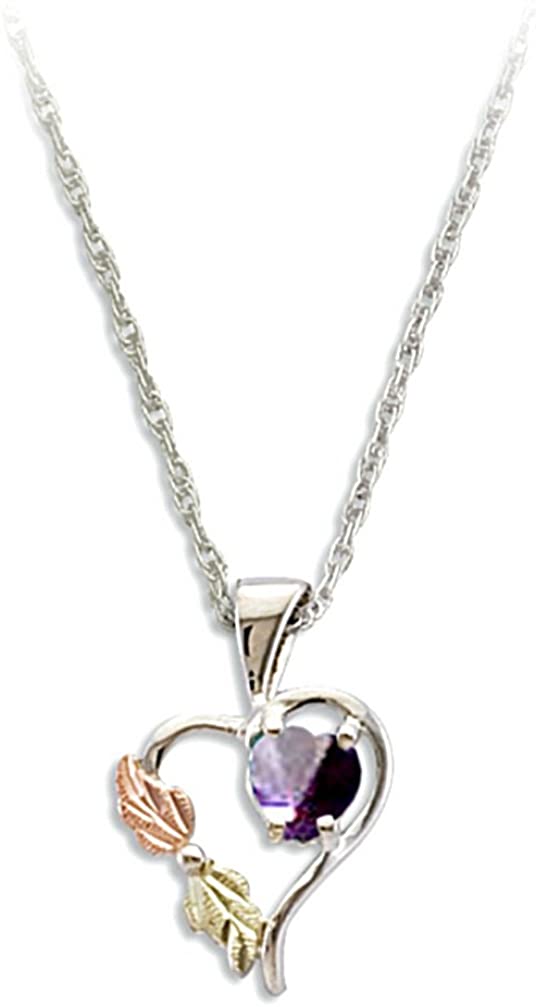 Red-Purple CZ June Birthstone Heart Pendant Necklace, Sterling Silver, 12k Green and Rose Gold Black Hills Gold Motif, 18"