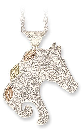 Filigree Horse head Pendant Necklace, Sterling Silver, 12k Green and Rose Gold Black Hills Gold Motif, 18''