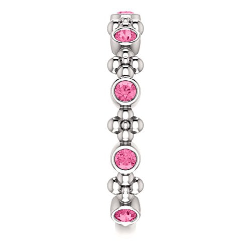 Genuine Pink Tourmaline Beaded Ring ,Rhodium-Plated Sterling Silver