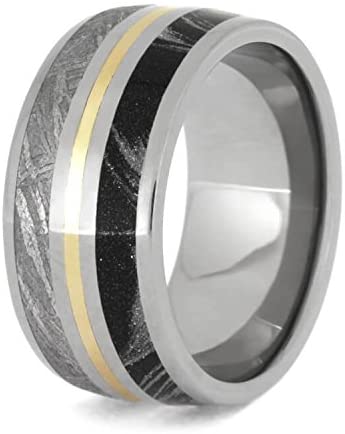 The Men's Jewelry Store (Unisex Jewelry) Gibeon Meteorite, Mokume Gane, 14k Yellow Gold 9mm Titanium Comfort-Fit Wedding Band