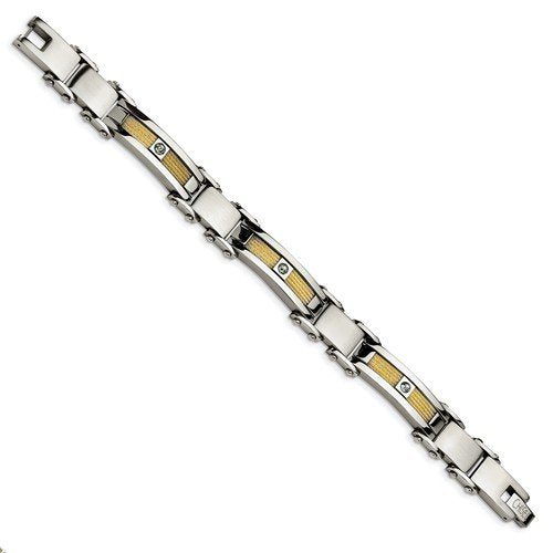 Men's Polished Stainless Steel 11mm Yellow IP-Plated Cable with CZ Bracelet, 8.5"