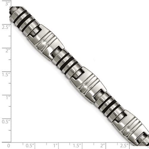 Men's Brushed and Polished Stainless Steel Black Enamel Link Bracelet, 8.25 Inches