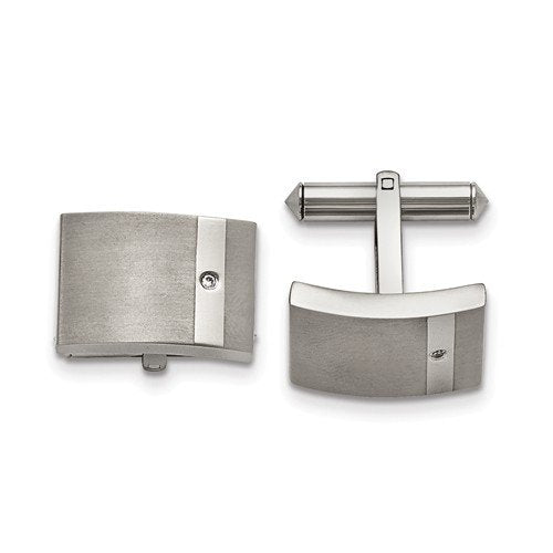 Grey Titanium Satin-Brushed Polished, Clear Cubic Zirconia bullet back Cuff Links