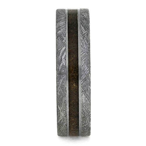 The Men's Jewelry Store (Unisex Jewelry) Gibeon Meteorite, Matte Titanium 7mm Comfort-Fit Whiskey Barrel Oak Wood Sleeve Band