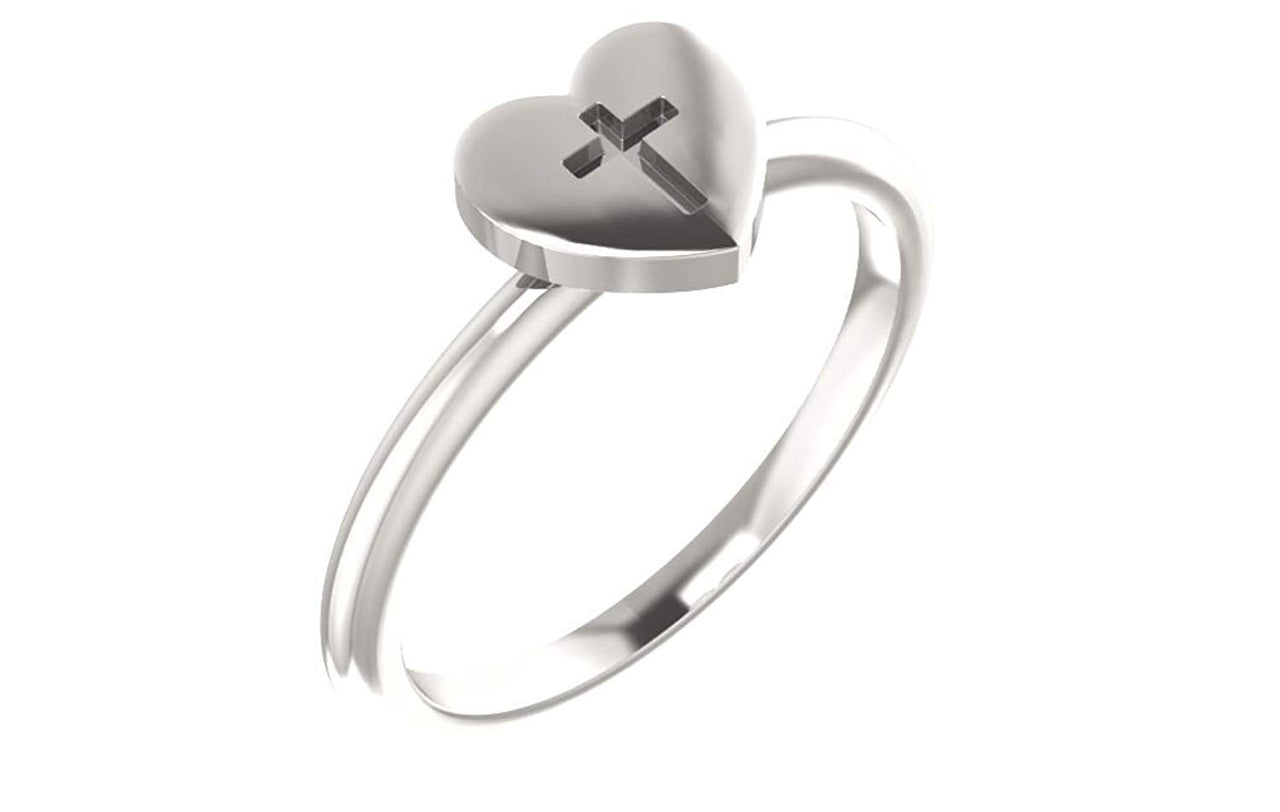 Heart with Cross Sterling Silver Slim Profile Ring