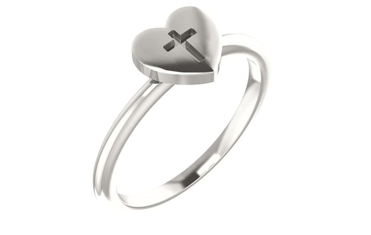 Heart with Cross Sterling Silver Slim Profile Ring, Size 6.5