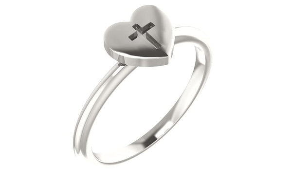 Heart with Cross Sterling Silver Slim Profile Ring, Size 8.25