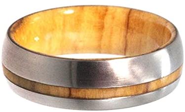 Titanium with Olive Wood Pinstripe 8mm Comfort Fit Olive Wood Wedding Band, Size 12.75