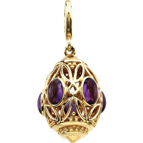 14k Yellow Gold Rhodium Plated Cabochon Amethyst Charm Pendant with Trigger-less Clasp