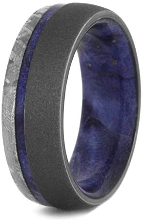Gibeon Meteorite, Sandblasted Titanium 7mm Comfort-Fit Blue Box Elder Burl Wooden Sleeve Band, Size 13.25