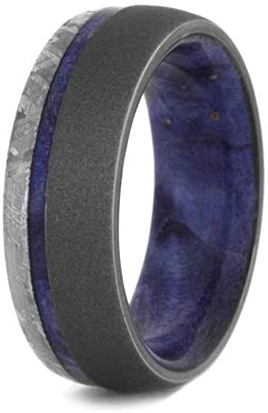 Gibeon Meteorite, Sandblasted Titanium 7mm Comfort-Fit Blue Box Elder Burl Wooden Sleeve Band, Size 12.75