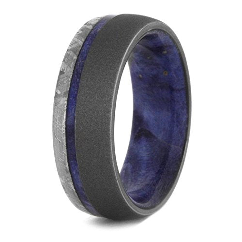 Gibeon Meteorite, Sandblasted Titanium 7mm Comfort-Fit Blue Box Elder Burl Wooden Sleeve Band