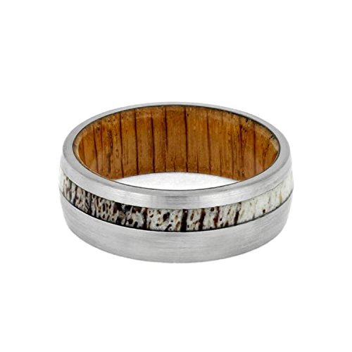 Deer Antler, Brushed Titanium 8mm Comfort-Fit Oak Wood Sleeve Wedding Ring, Size 7.5