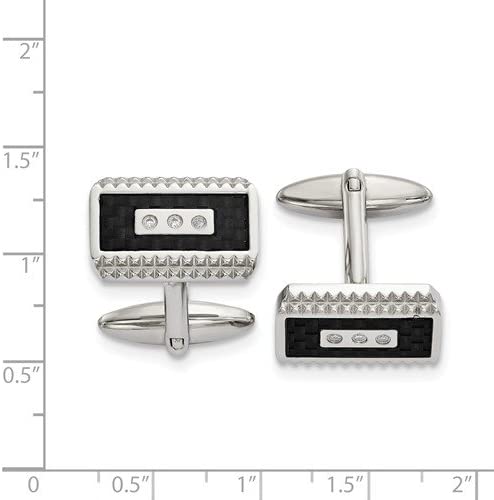 Stainless Steel, Black Carbon Fiber Inlay CZ Rectangle Cuff Links, 21.73MMX19.12MM