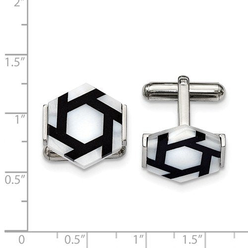 Stainless Steel Mother Of Pearl and Black Agate Hexagon Cuff Links