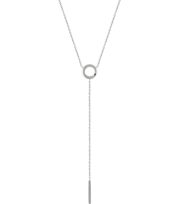 Circle and Bar Dangle Necklace in 14k White Gold, Adjustable 16-18"