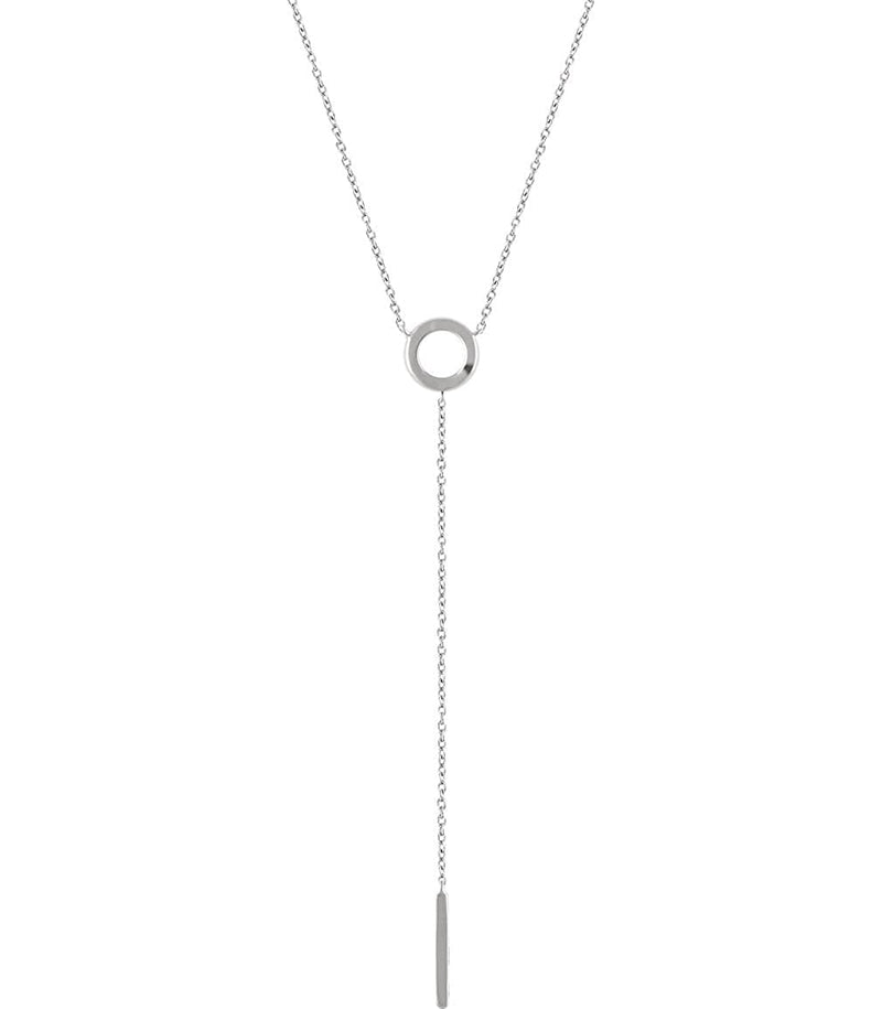 Circle and Bar Dangle Necklace in 14k White Gold, Adjustable 16-18"