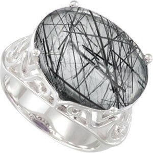 Tourmalinated Black Quartz Sterling Silver Filigree Ring, Size 10