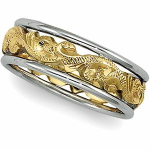 6.5mm 14k Yellow and White Gold Two-Tone Hand-Engraved Band, Size 7