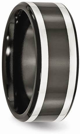 Black Titanium, Argentium Sterling Silver Inlay 9mm Flat Band, Size 9.5