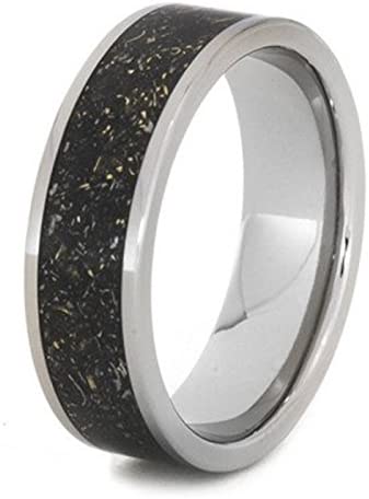 Black Meteorite Ring with 14k Yellow Gold Flecks 7mm Comfort-Fit Titanium Band, Size 10.25