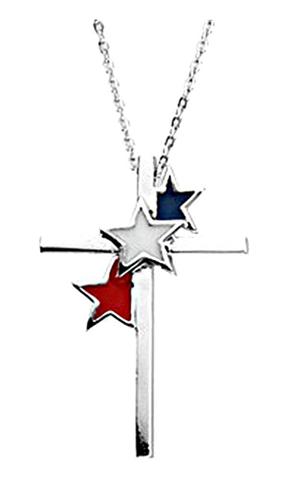 Cross with Stars 'United We Stand' Rhodium Plate Sterling Silver Necklace, 18"