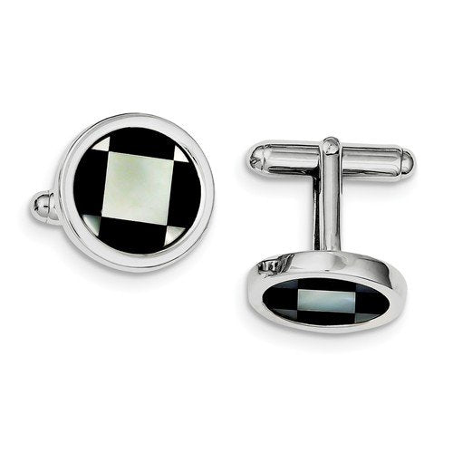 Rhodium-Plated Sterling Silver with Mother Of Pearl and Black Enamel Coin Cuff Links, 17MM