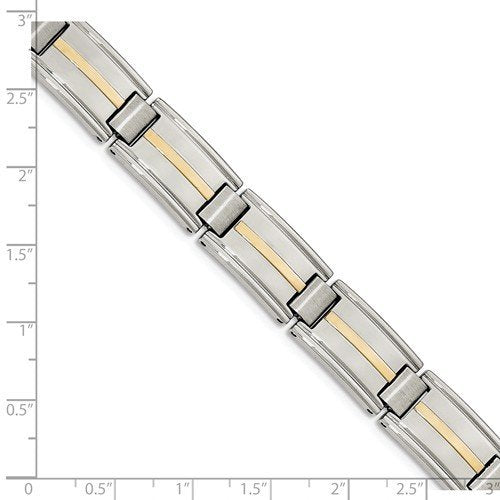 Men's Polished and Brushed Stainless Steel with 14k Yellow Gold Link Bracelet, 8.75"