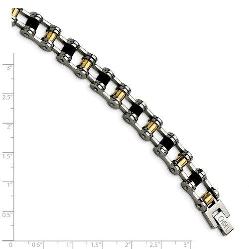 Men's Polished Stainless Steel 10mm Yellow IP-Plated And Black Rubber Bracelet, 8.75"