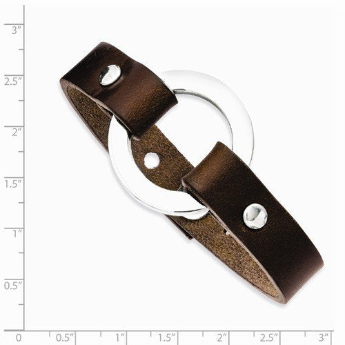 Men's Polished Stainless Steel 13mm Brown Leather Adjustable Bracelet, 9"