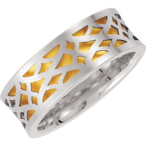 8mm 14k White and Yellow Gold Cut-Out Pattern Concave Comfort Fit Band, Sizes 5 to 13