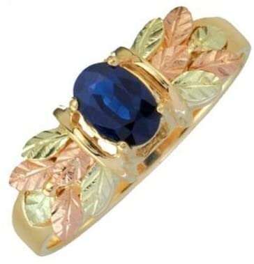 Sapphire Oval Petite Leaf Ring, 10k Yellow Gold, 12k Green and Rose Gold Black Hills Gold Motif, Size 11.25