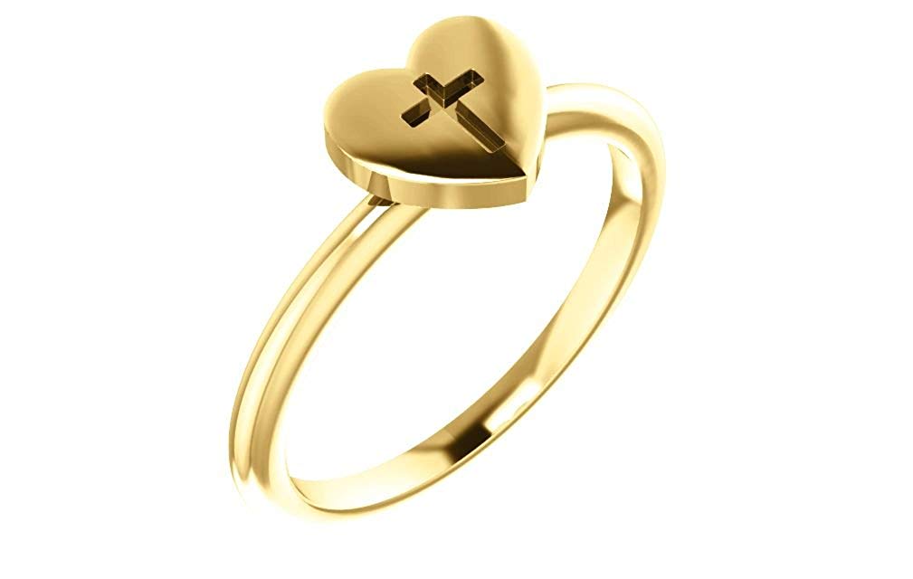 Heart with Cross 14k Yellow Gold Slim Profile Ring