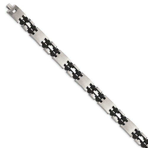 Men's Brushed Stainless Steel 13mm Black Rubber Bracelet, 8.75 "