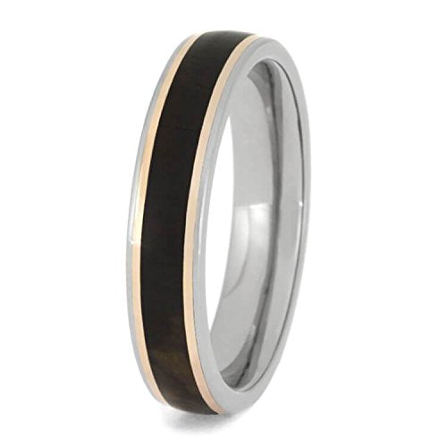 Petrified Wood, 14k Rose Gold Stripes 5mm Titanium Comfort-Fit Wedding Band