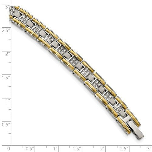 Men's Polished Stainless Steel Yellow IP-Plated CZ Link Bracelet, 8.5"
