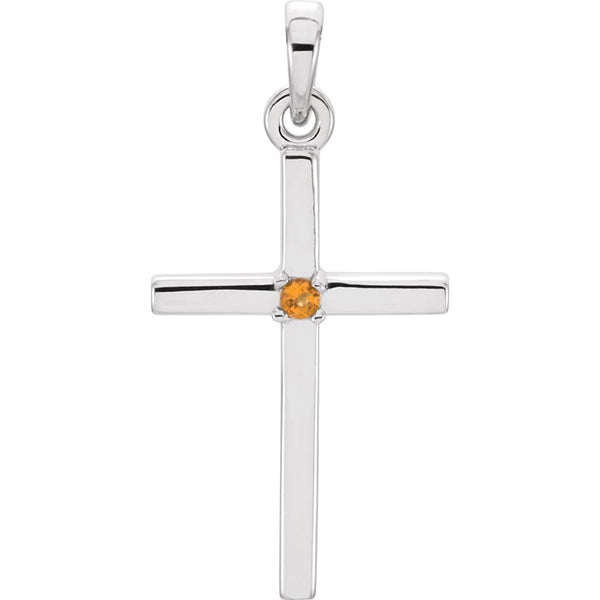 Citrine Inset Cross Rhodium-Plated 14k White Gold Pendant (22.65x11.4MM)