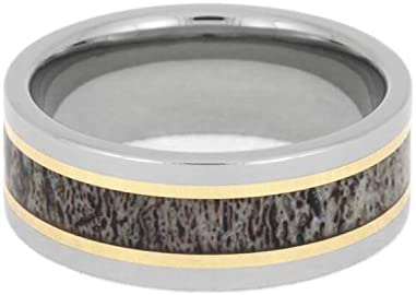 Deer Antler, 14k Yellow Gold Stripes 8mm Titanium Comfort-Fit Band, Size 6.75
