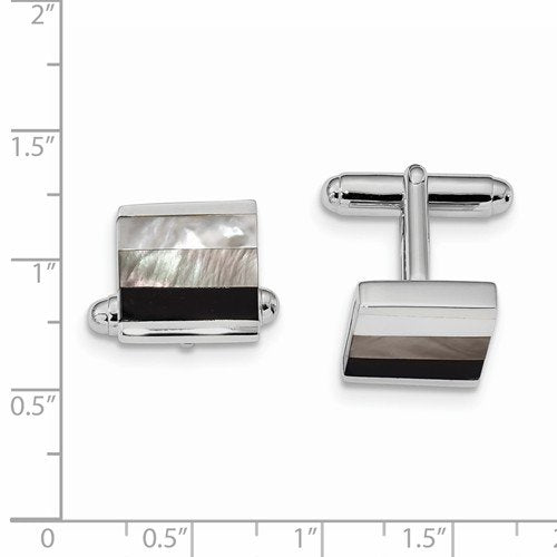 Rhodium-Plated Sterling Silver Onyx, White/Grey Mother Of Pearl Cuff Links, 19.6X18.5MM